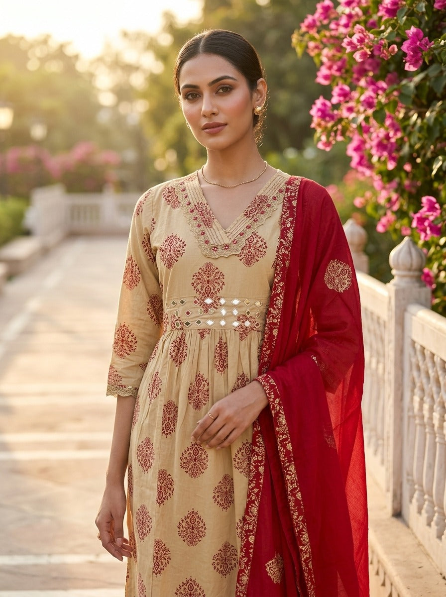 Maroon Cotton Kurta Pant Set with Dupatta-800321