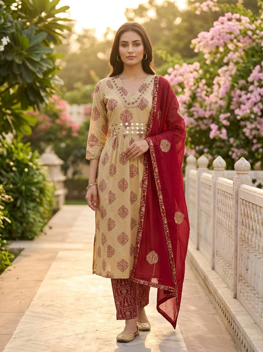 Maroon Cotton Kurta Pant Set with Dupatta-800321