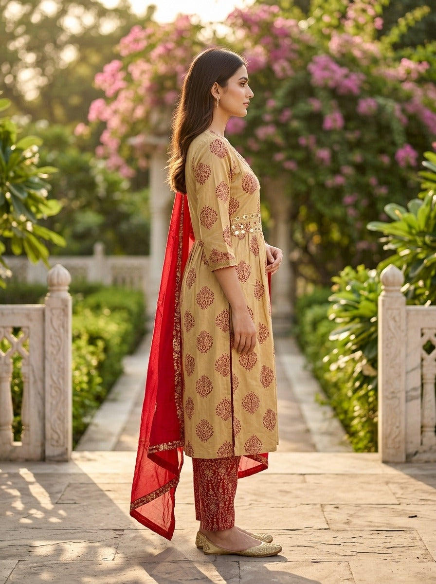 Maroon Cotton Kurta Pant Set with Dupatta-800321