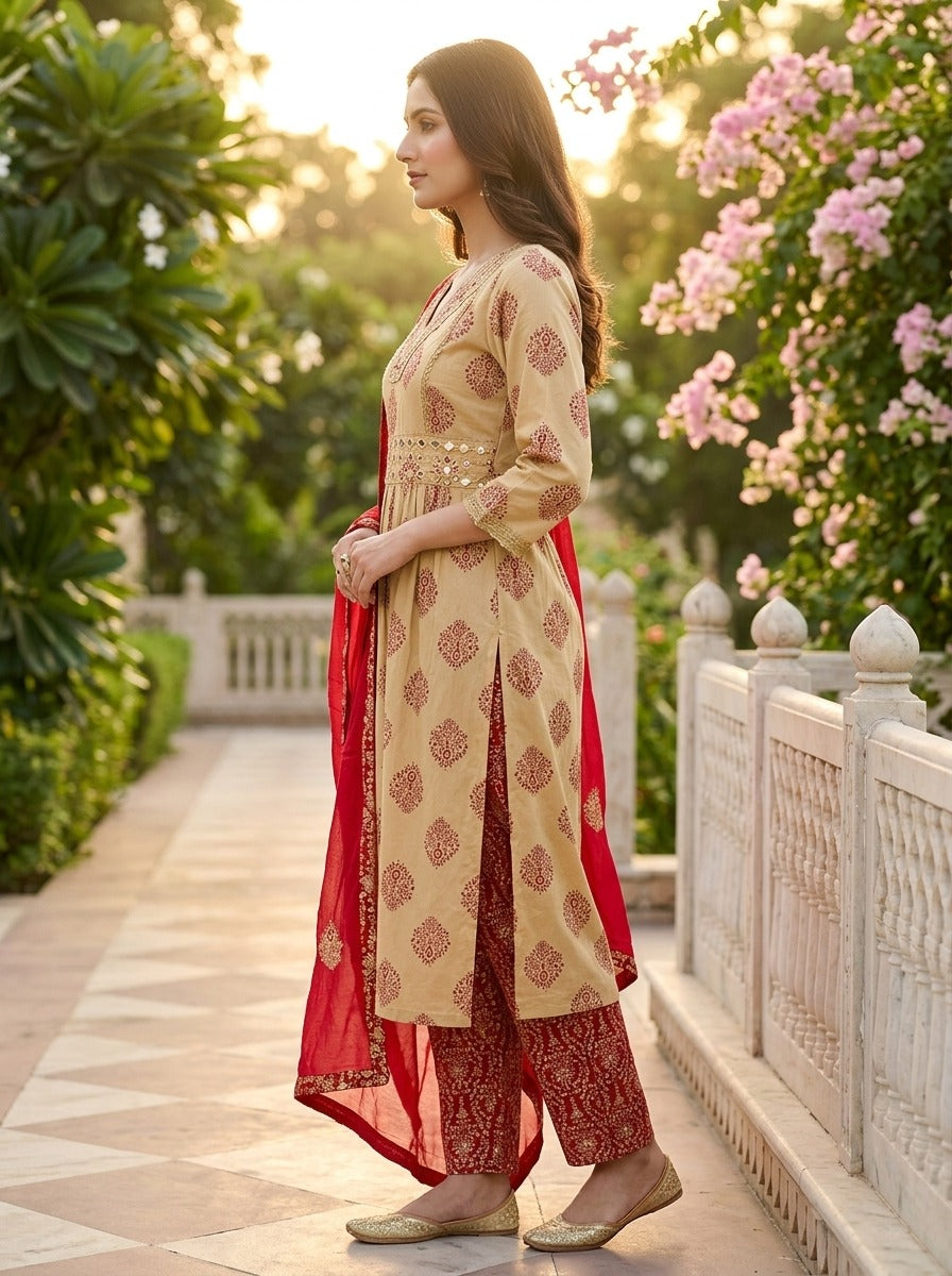 Maroon Cotton Kurta Pant Set with Dupatta-800321
