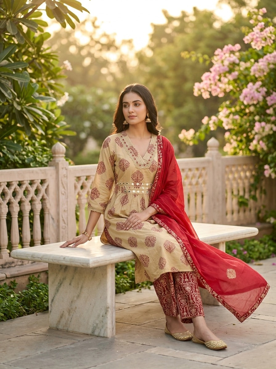 Maroon Cotton Kurta Pant Set with Dupatta-800321