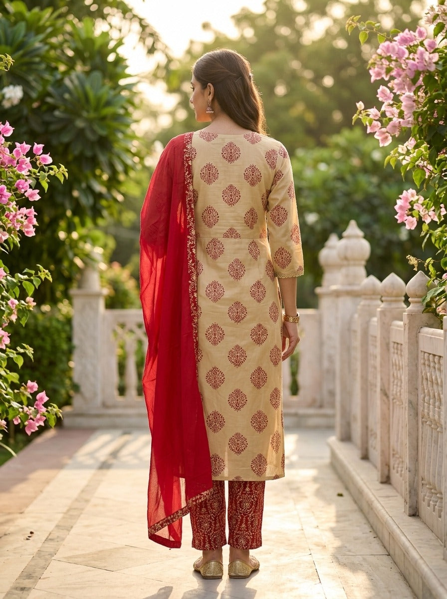 Maroon Cotton Kurta Pant Set with Dupatta-800321