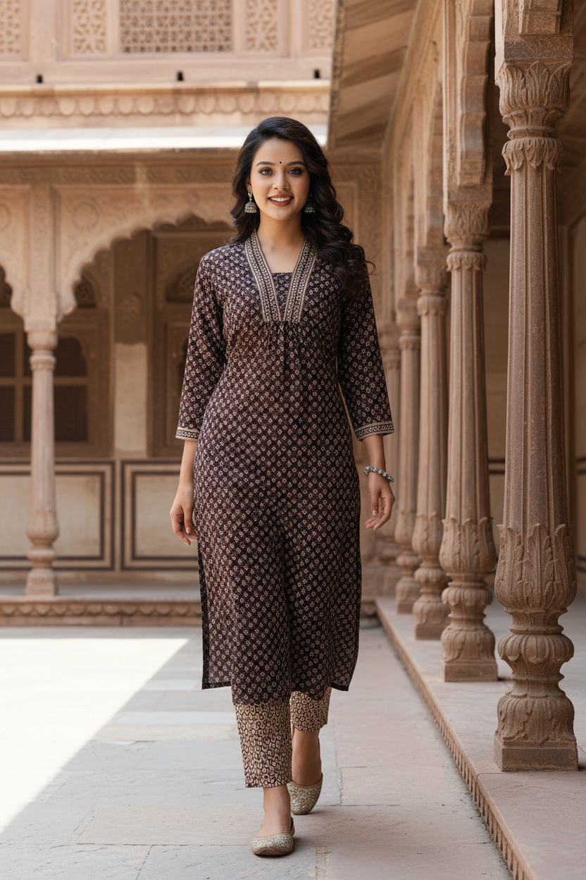 Brown Cotton Kurta Pant Set-900020