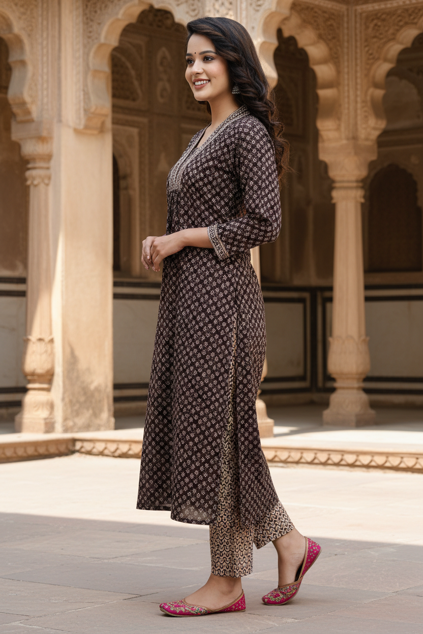 Brown Cotton Kurta Pant Set-900020