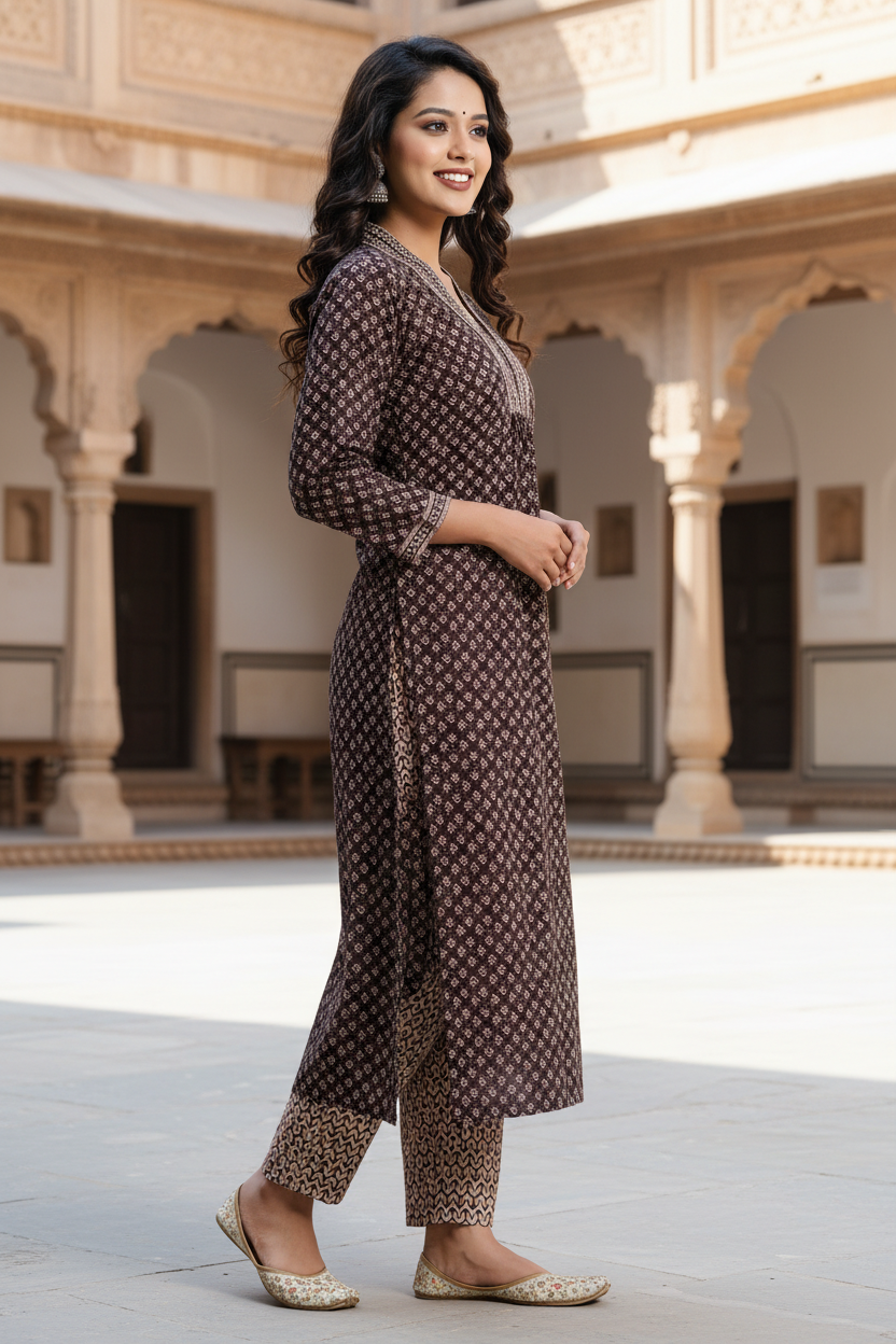 Brown Cotton Kurta Pant Set-900020