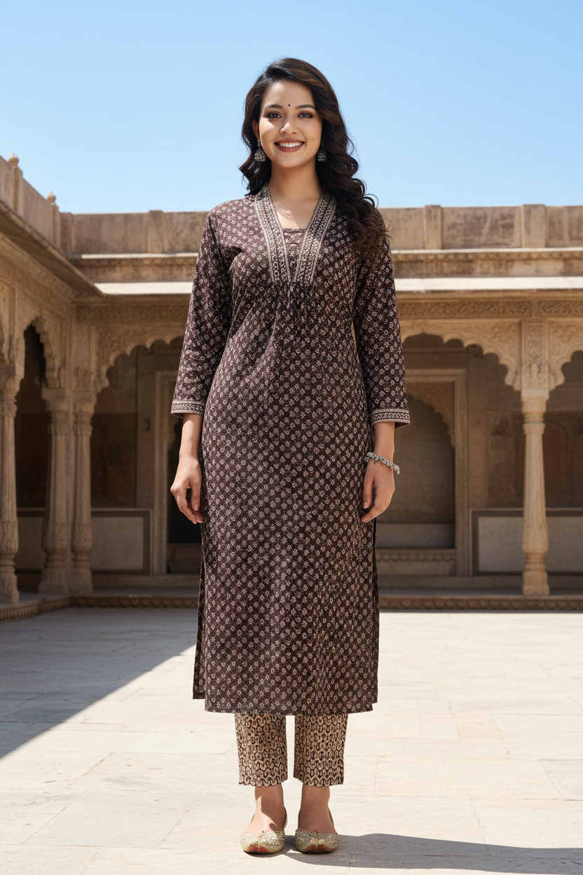 Brown Cotton Kurta Pant Set-900020
