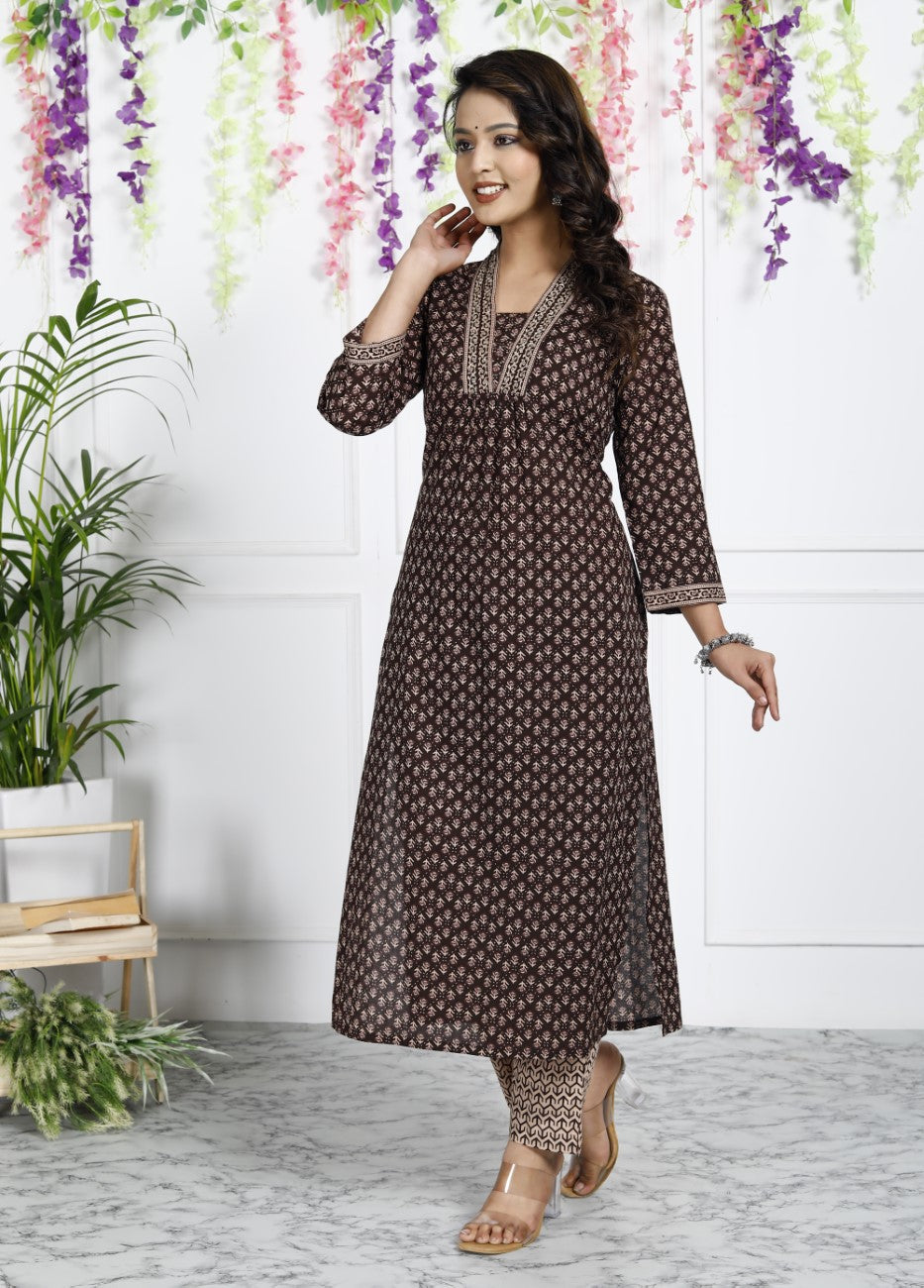Brown Cotton Kurta Pant Set-900020