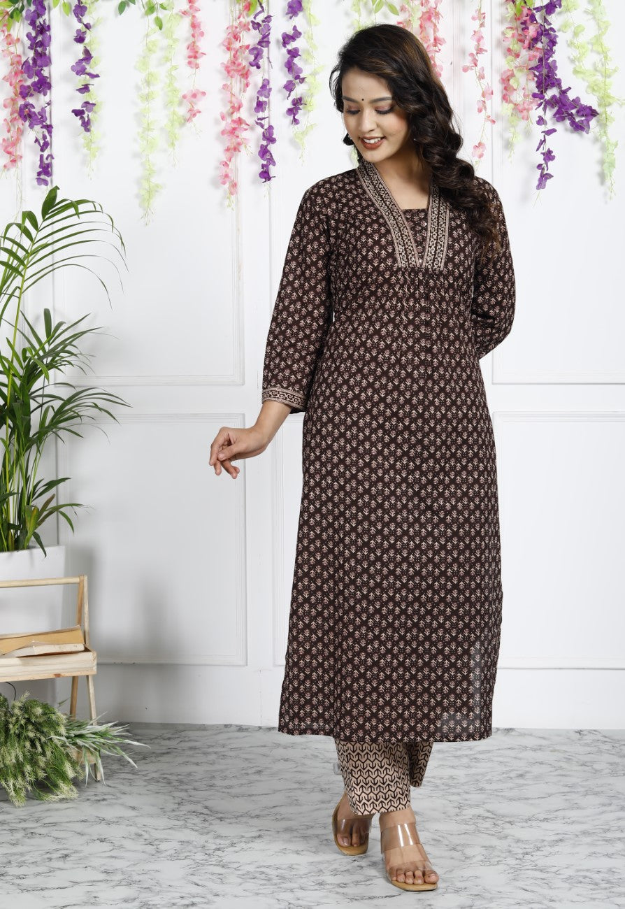 Brown Cotton Kurta Pant Set-900020