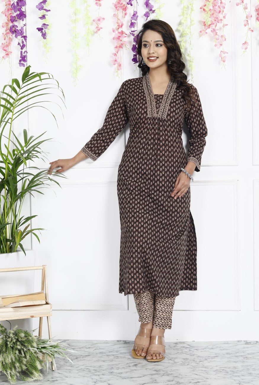 Brown Cotton Kurta Pant Set-900020