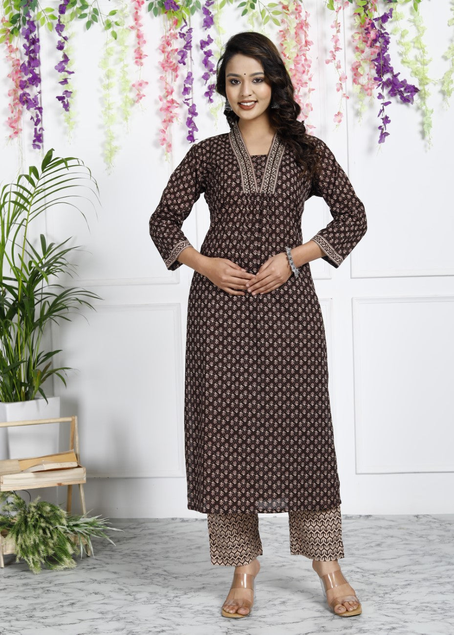 Brown Cotton Kurta Pant Set-900020