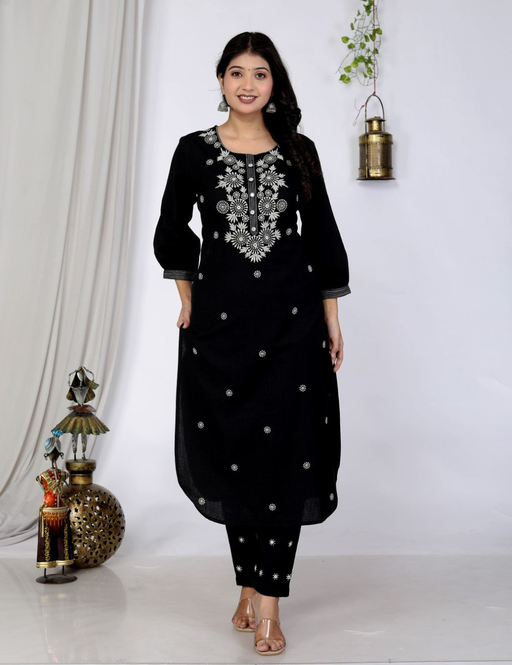 Black Cotton Kurta Pant Set embroidery Work-900047