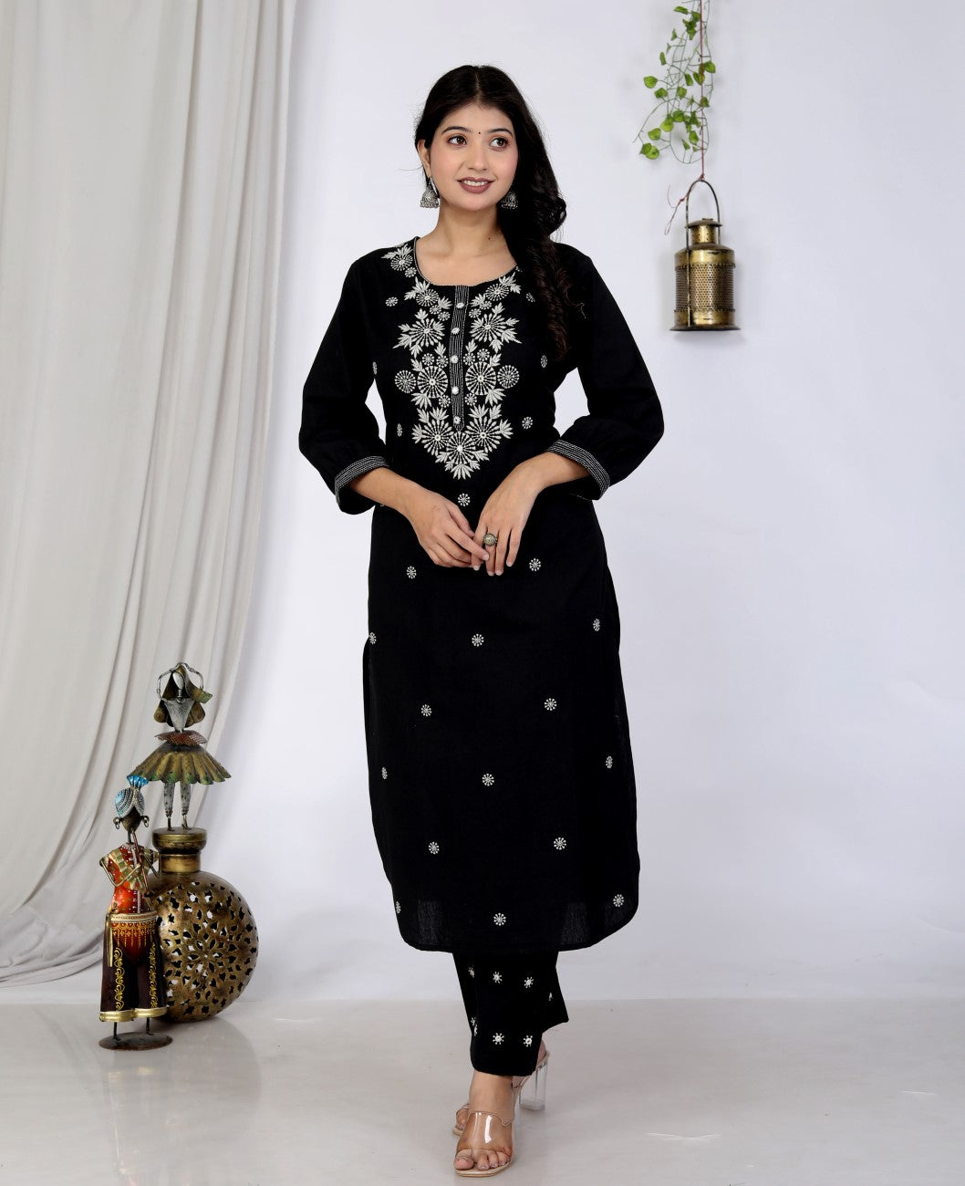 Black Cotton Kurta Pant Set embroidery Work-900047