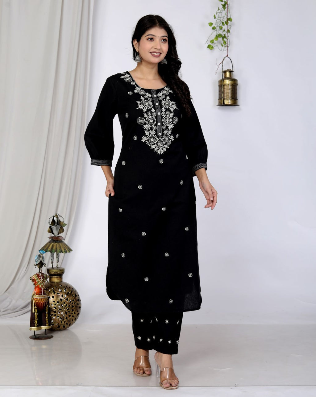 Black Cotton Kurta Pant Set embroidery Work-900047