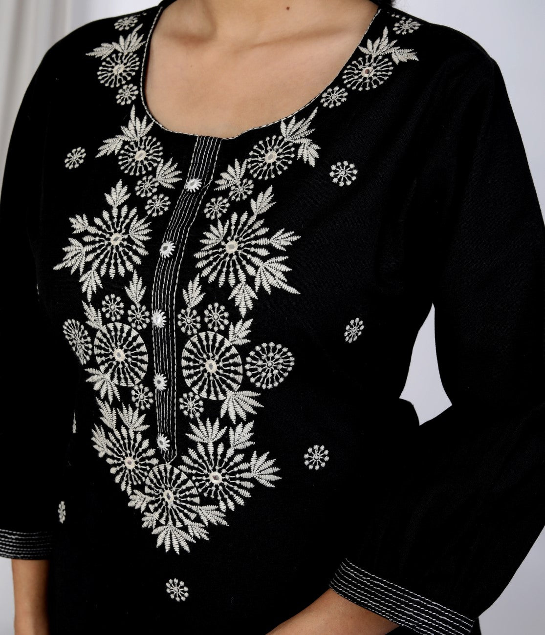 Black Cotton Kurta Pant Set embroidery Work-900047
