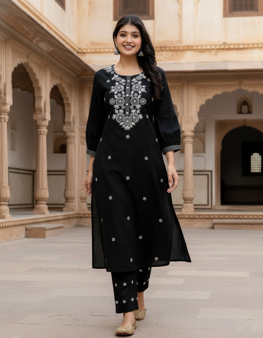 Black Cotton Kurta Pant Set embroidery Work-900047