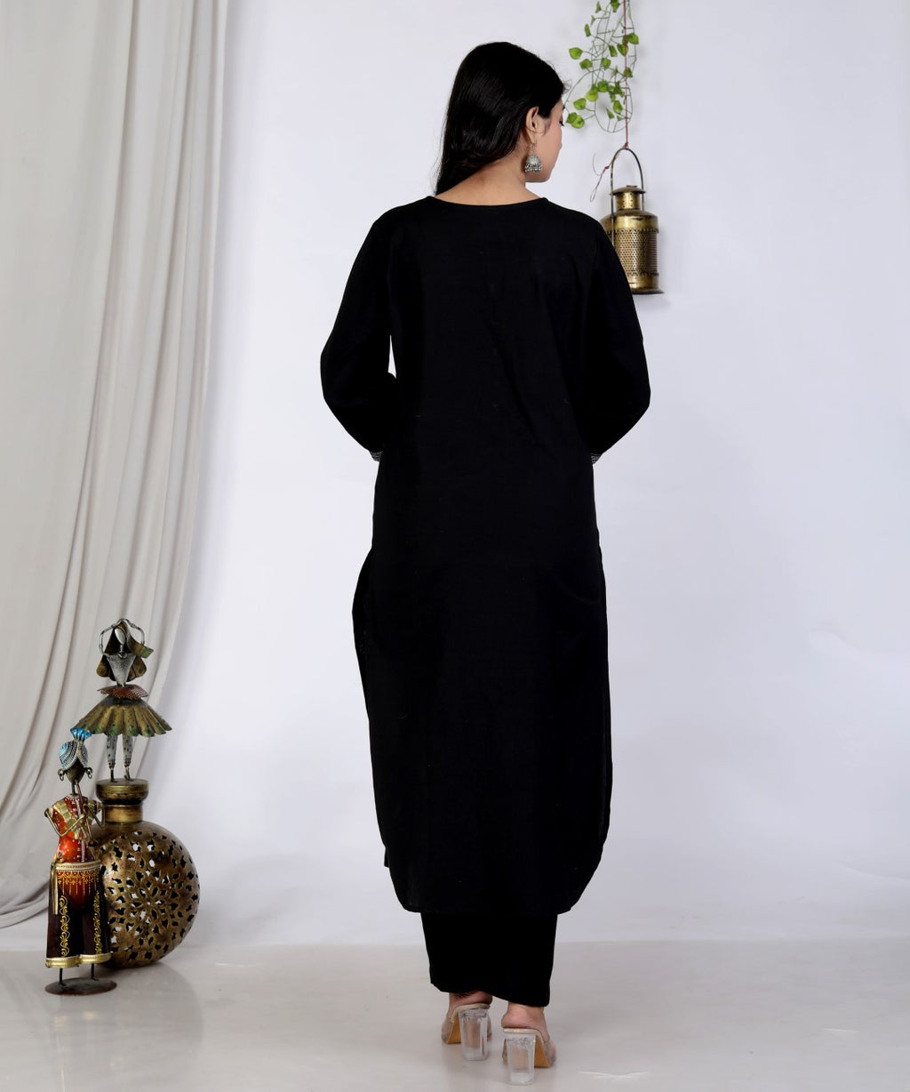 Black Cotton Kurta Pant Set embroidery Work-900047