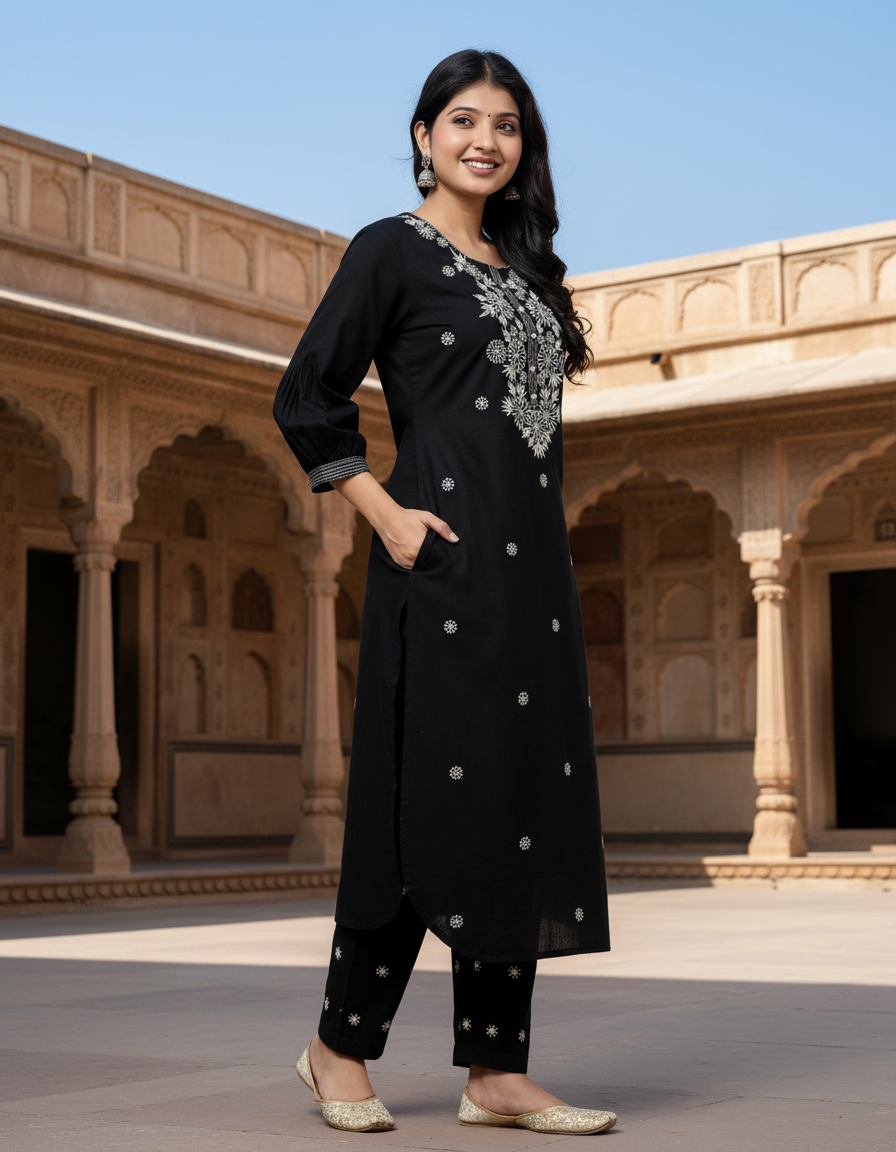 Black Cotton Kurta Pant Set embroidery Work-900047