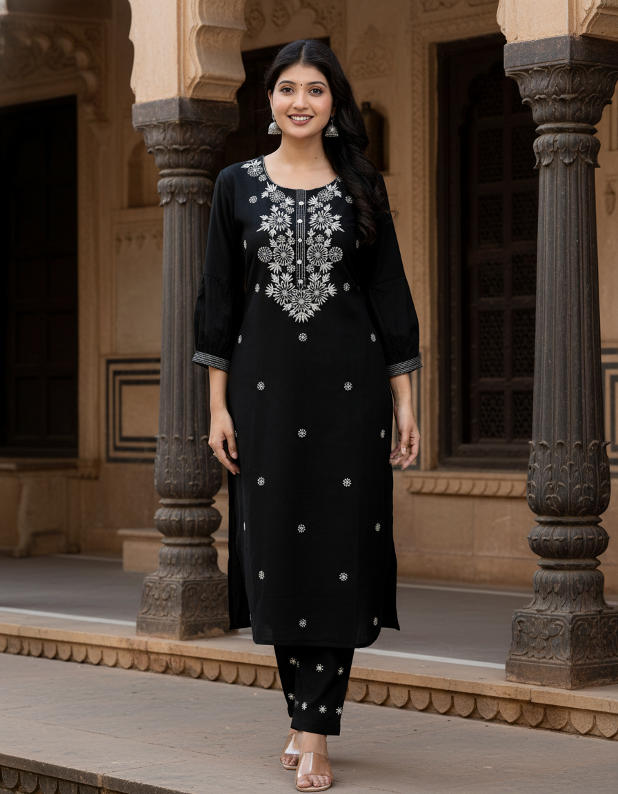 Black Cotton Kurta Pant Set embroidery Work-900047