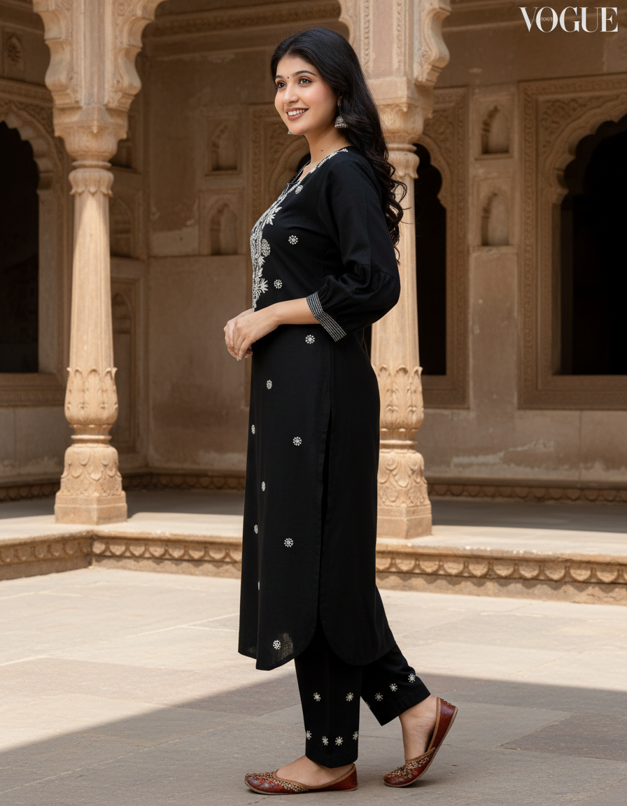 Black Cotton Kurta Pant Set embroidery Work-900047