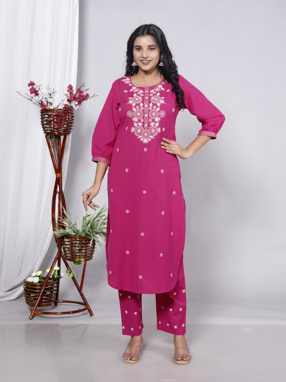 Pink Cotton Kurta Pant Set embroidery Work-900047
