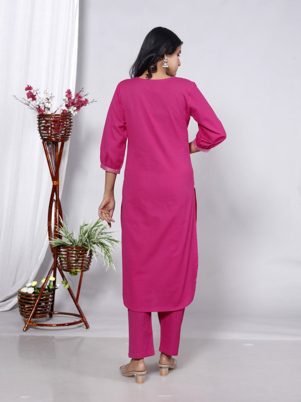 Pink Cotton Kurta Pant Set embroidery Work-900047
