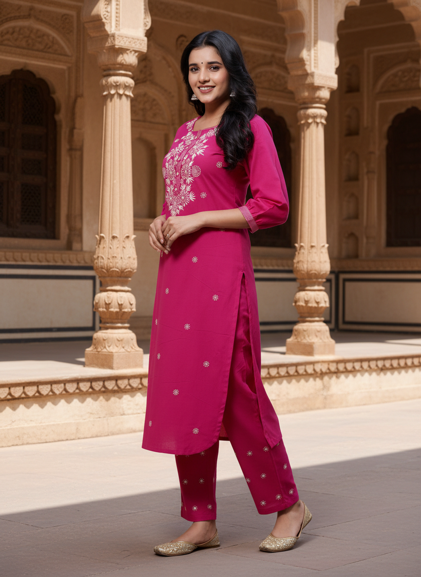 Pink Cotton Kurta Pant Set embroidery Work-900047