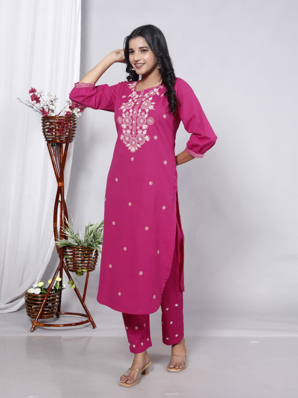 Pink Cotton Kurta Pant Set embroidery Work-900047