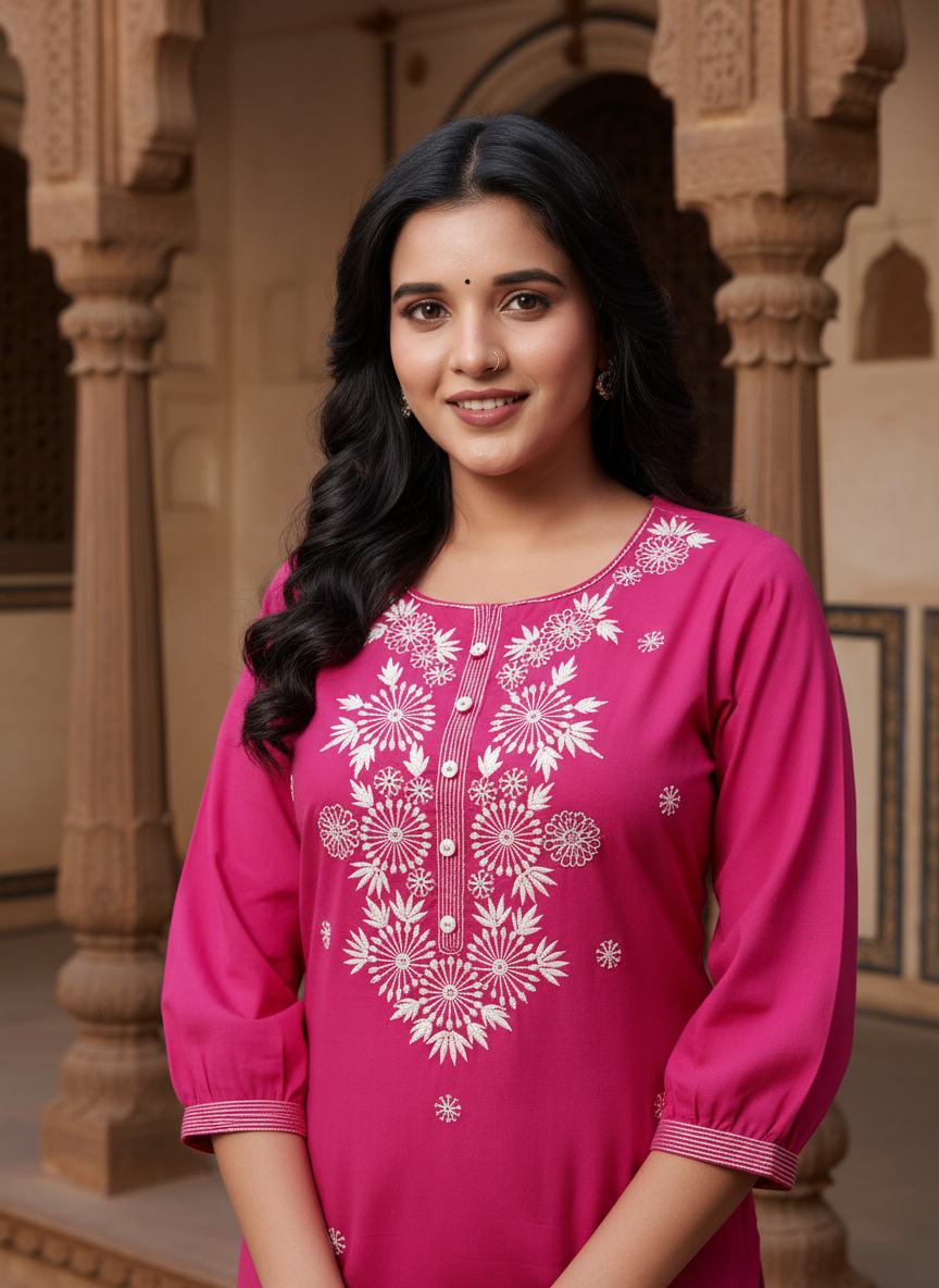 Pink Cotton Kurta Pant Set embroidery Work-900047