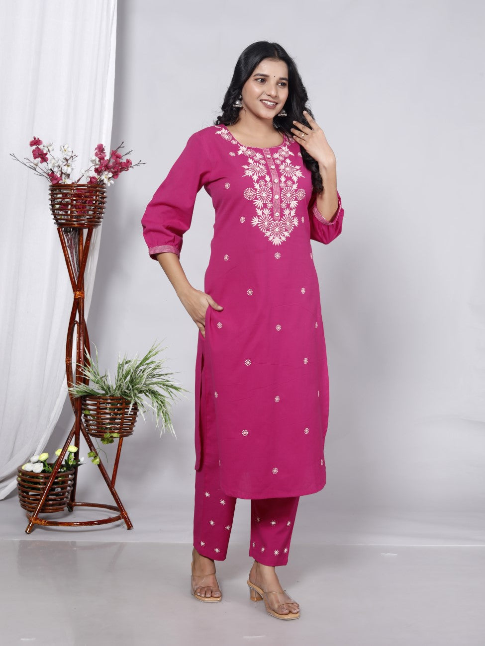 Pink Cotton Kurta Pant Set embroidery Work-900047