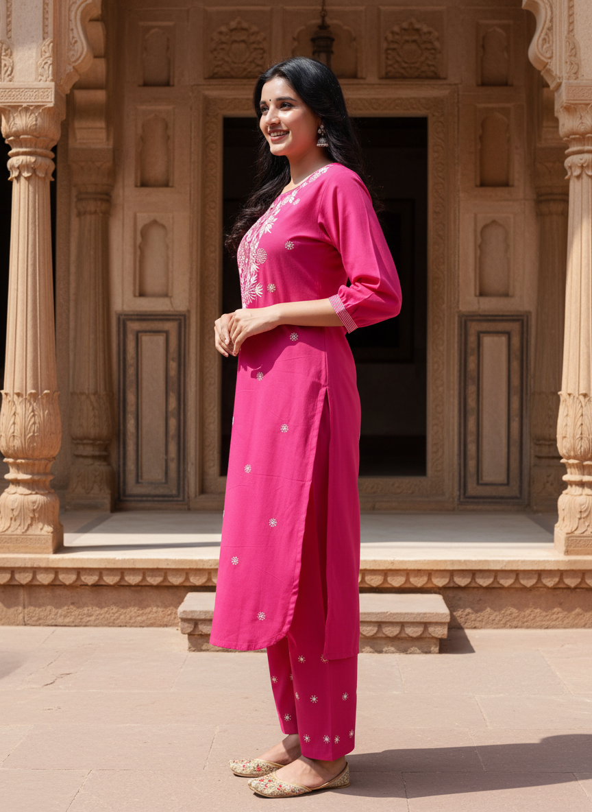 Pink Cotton Kurta Pant Set embroidery Work-900047