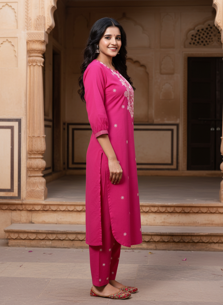 Pink Cotton Kurta Pant Set embroidery Work-900047