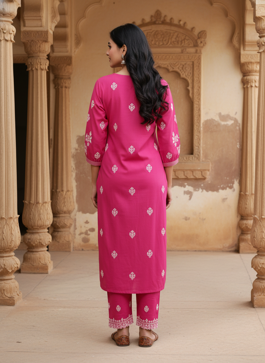Pink Cotton Kurta Pant Set embroidery Work-900047