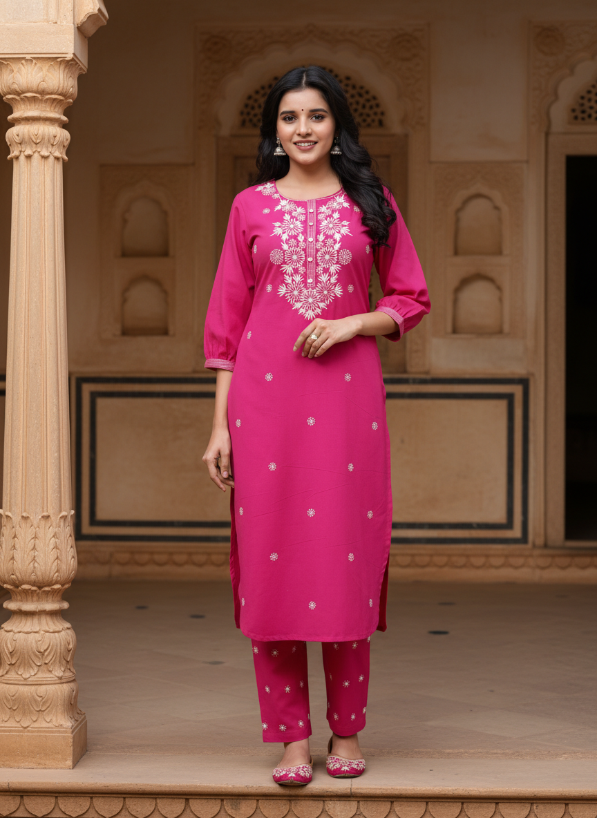 Pink Cotton Kurta Pant Set embroidery Work-900047