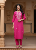 Pink Cotton Kurta Pant Set embroidery Work-900047