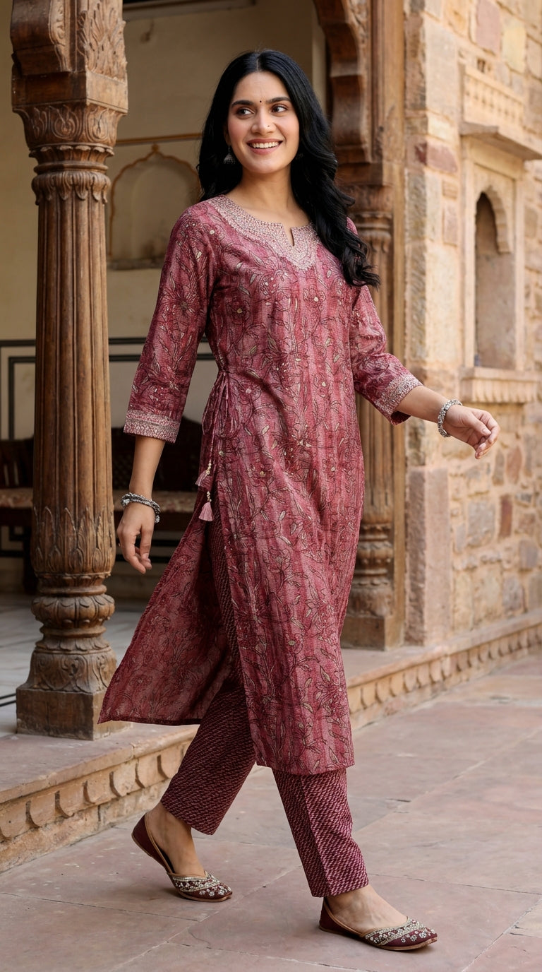 Wine Muslin Kurta Pant Set-900052