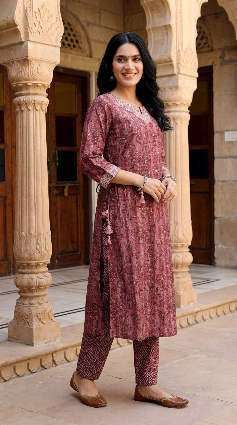Wine Muslin Kurta Pant Set-900052