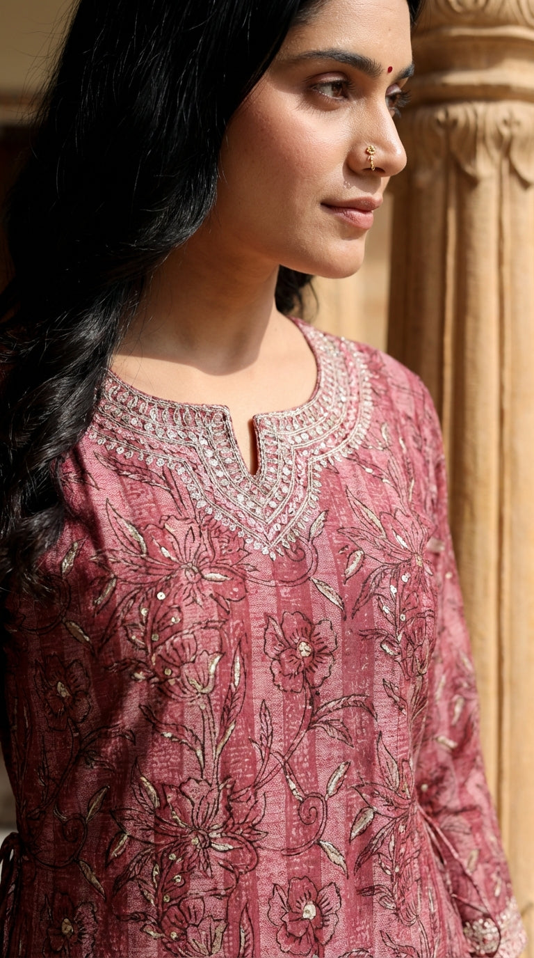 Wine Muslin Kurta Pant Set-900052