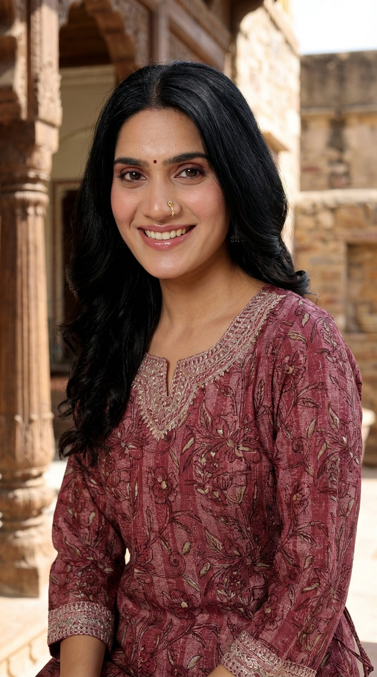 Wine Muslin Kurta Pant Set-900052