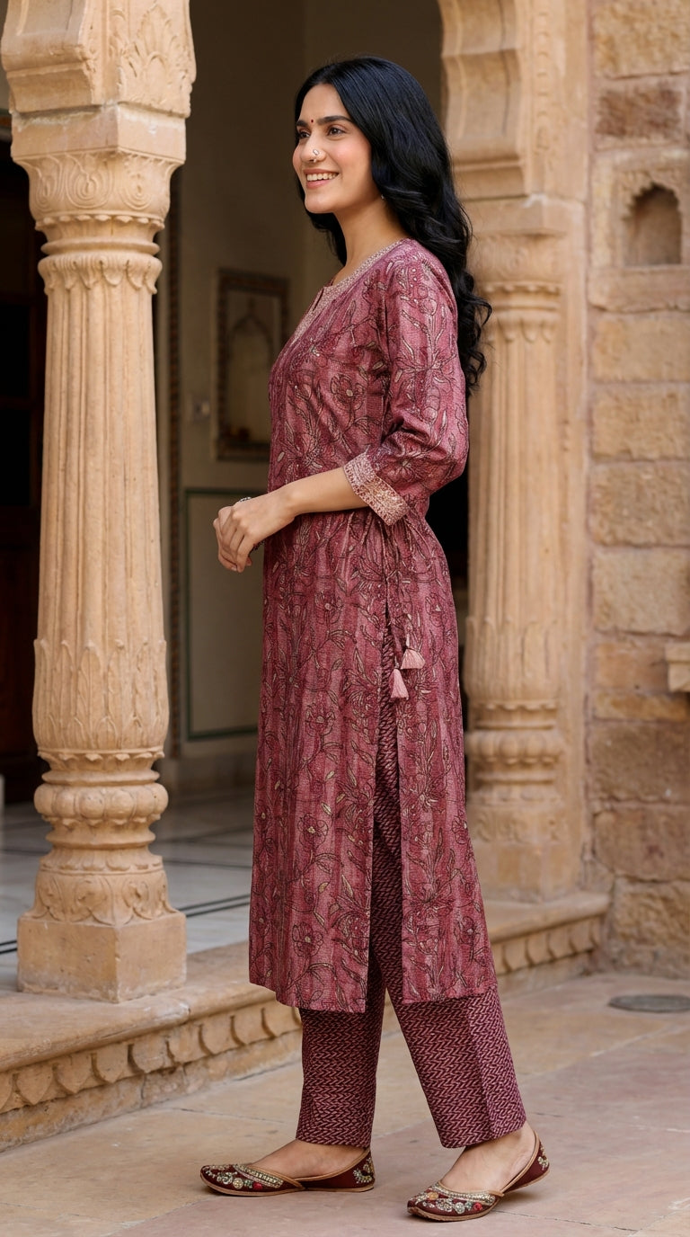 Wine Muslin Kurta Pant Set-900052