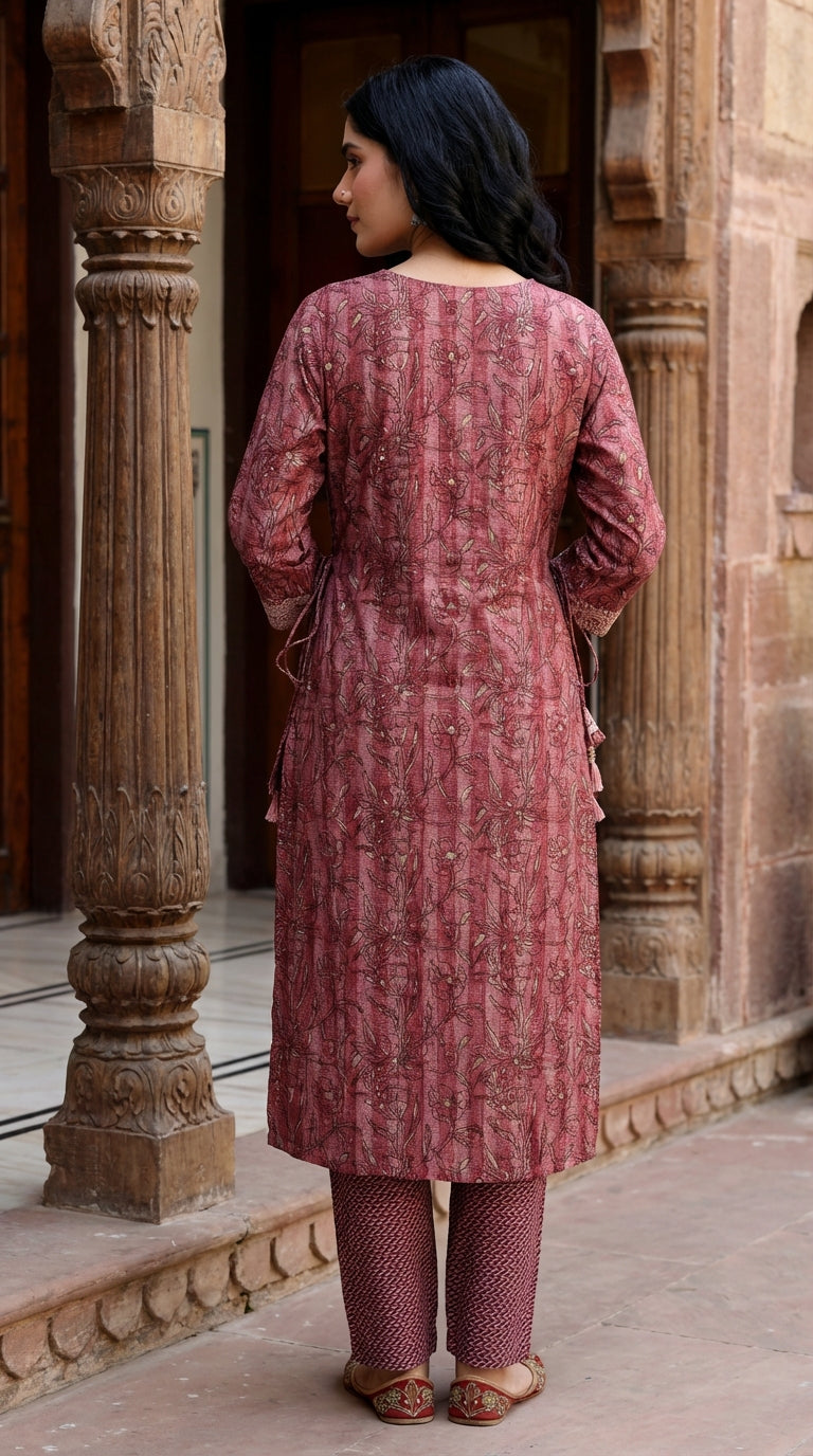 Wine Muslin Kurta Pant Set-900052
