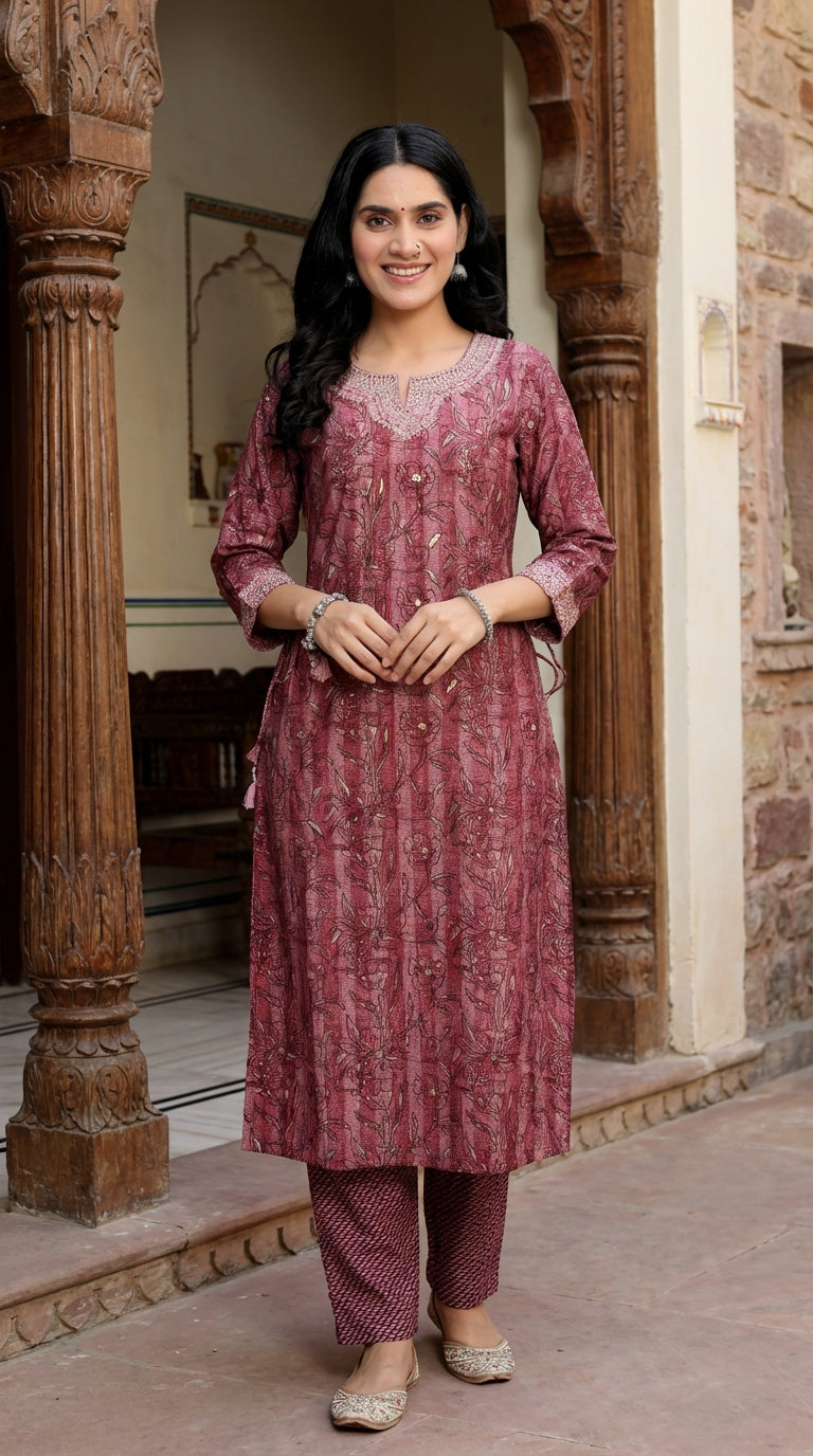 Wine Muslin Kurta Pant Set-900052