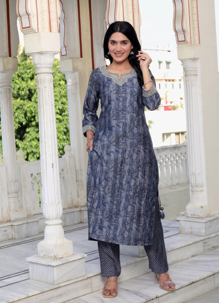 Blue Muslin Kurta Pant Set-900052