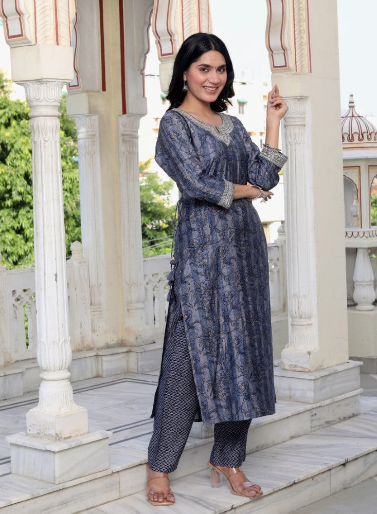 Blue Muslin Kurta Pant Set-900052