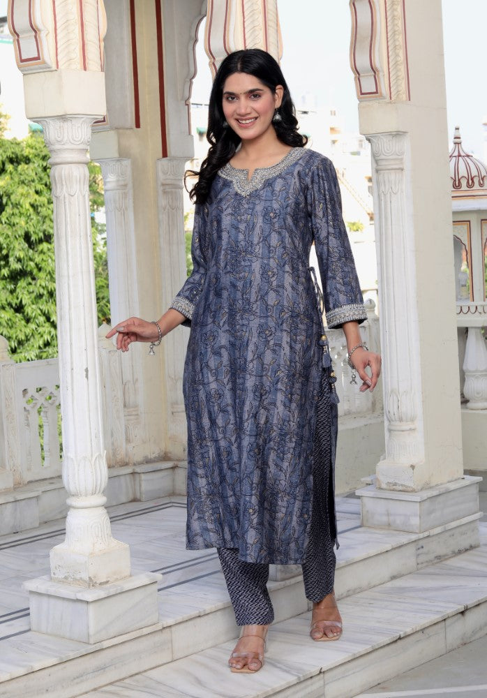 Blue Muslin Kurta Pant Set-900052