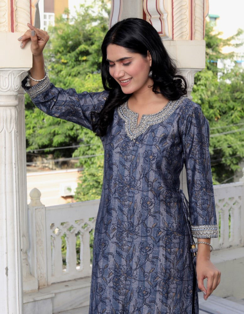 Blue Muslin Kurta Pant Set-900052