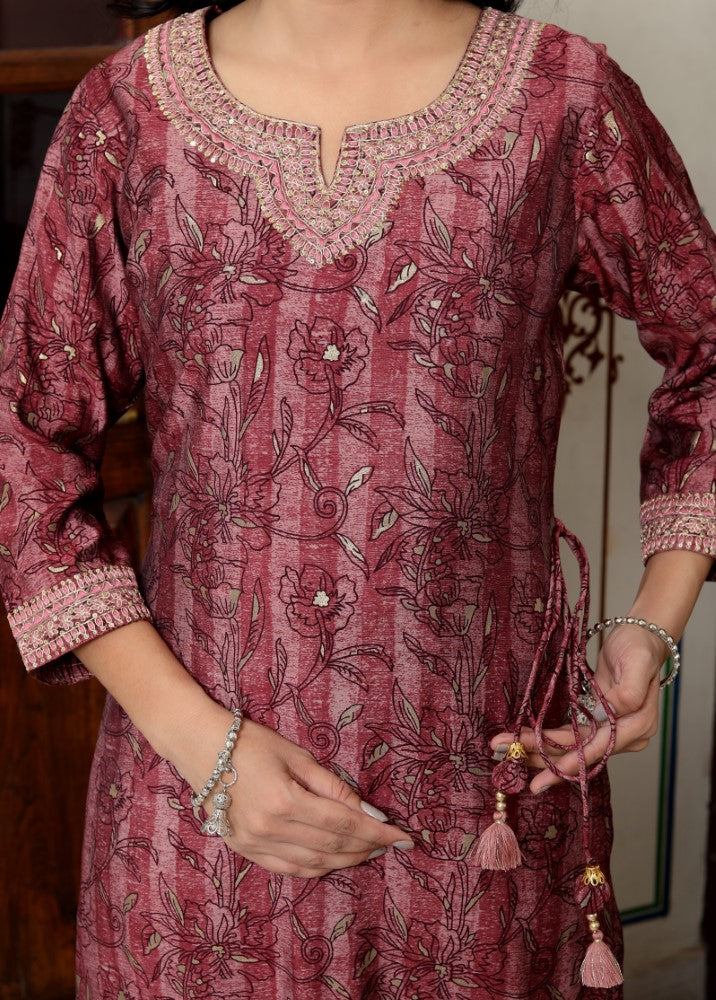 Wine Muslin Kurta Pant Set-900052