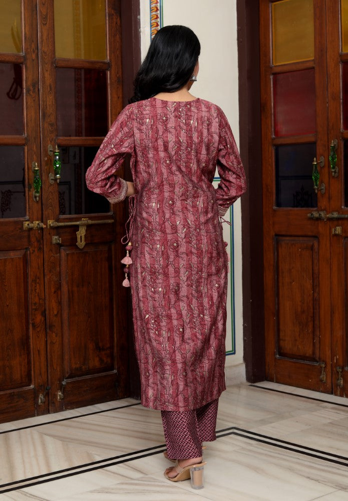 Wine Muslin Kurta Pant Set-900052