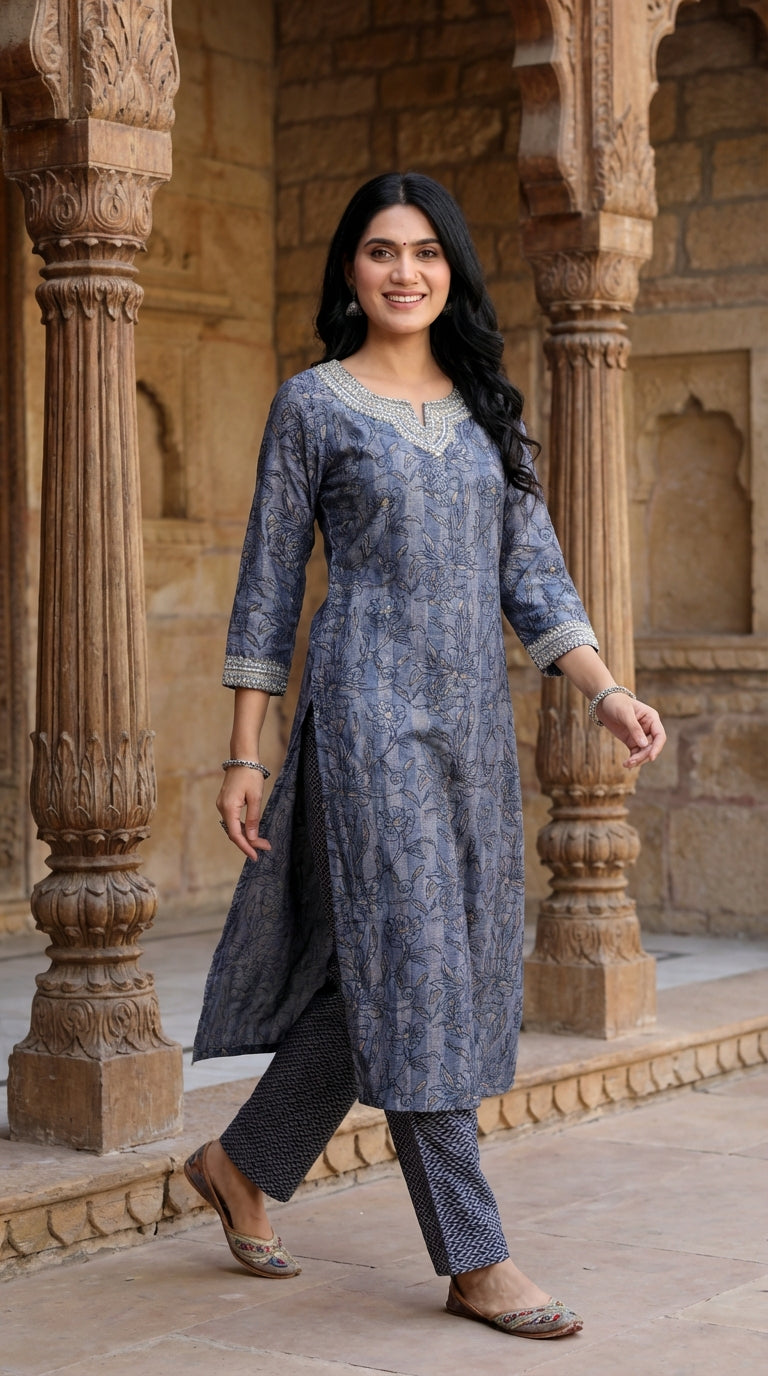 Blue Muslin Kurta Pant Set-900052