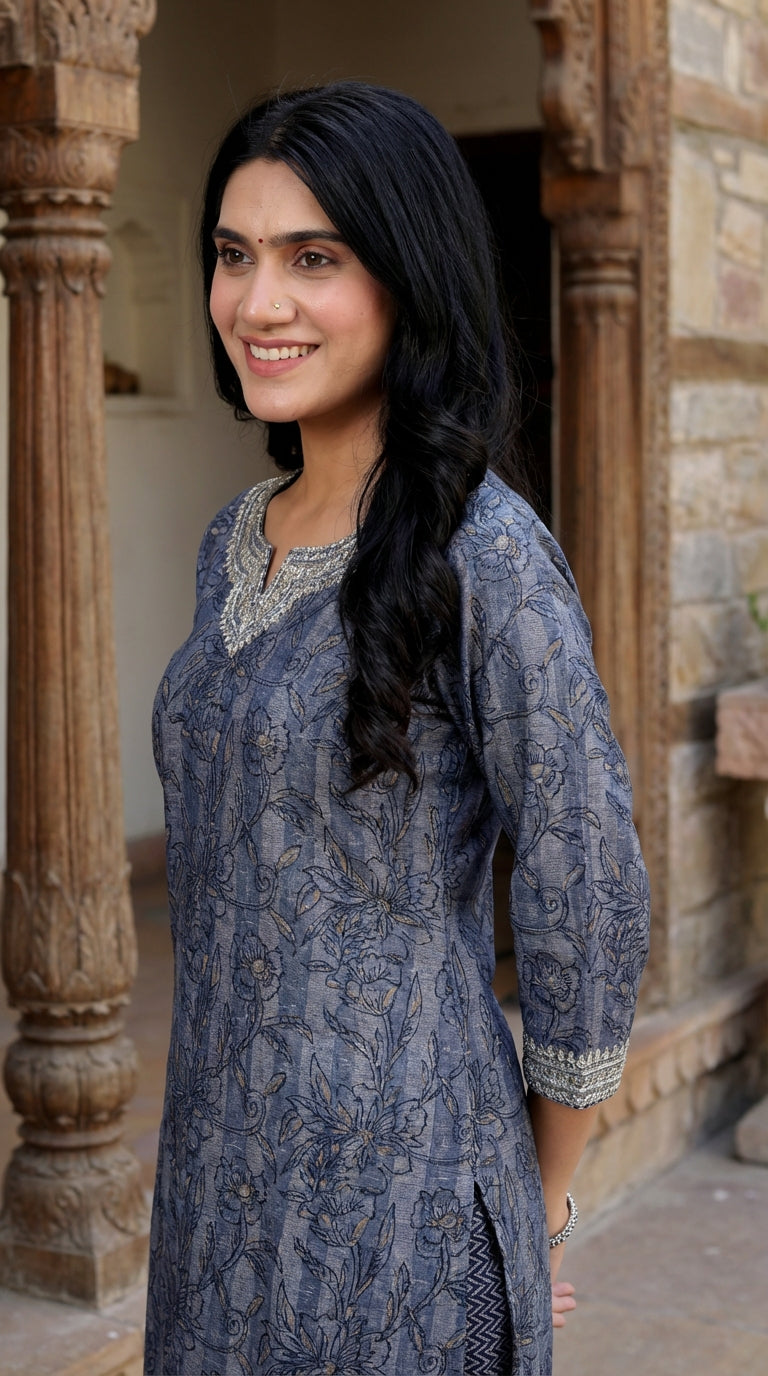 Blue Muslin Kurta Pant Set-900052