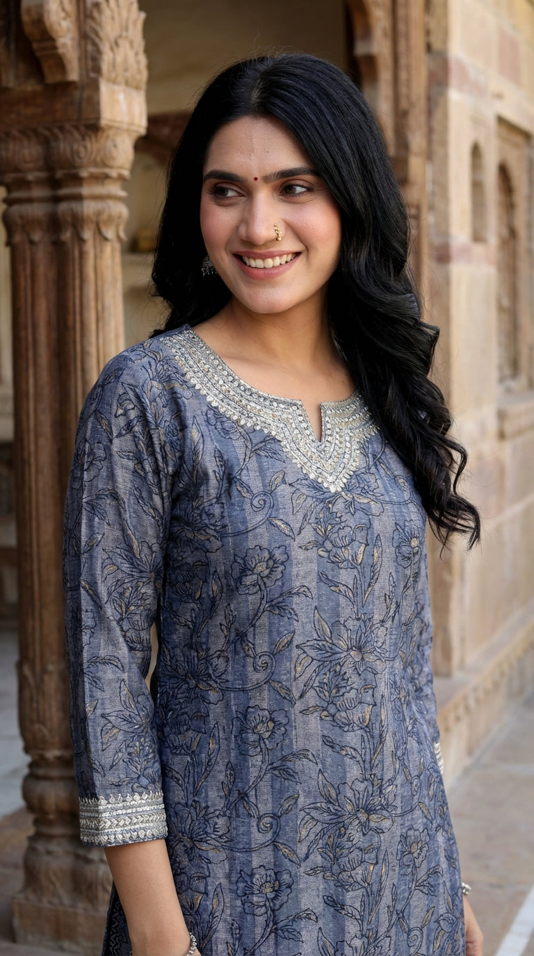 Blue Muslin Kurta Pant Set-900052